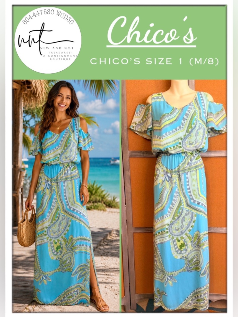 Chico’s Size 1 Blue Paisley Cold Shoulder Maxi Dress Lined Side Slit M 8